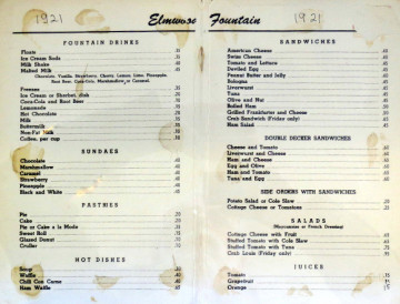 Elmwood Fountain menu, circa 1921. Courtesy Berkeley Historical Plaque Project. Click on the menu to view larger.